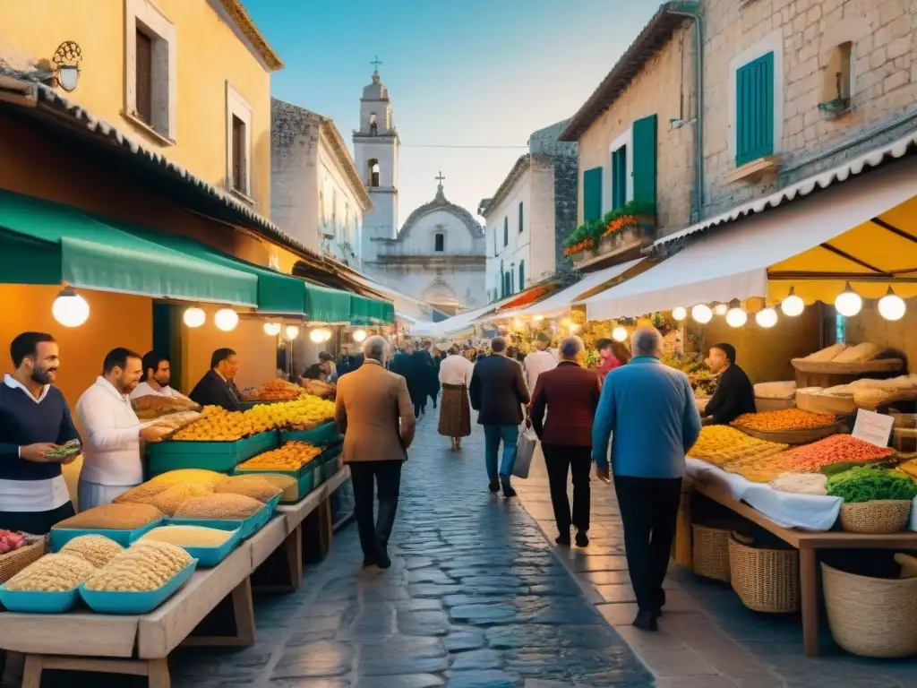 Animado mercado callejero en Salento, Italia, con Puccia Salentina receta tradicional y coloridos puestos