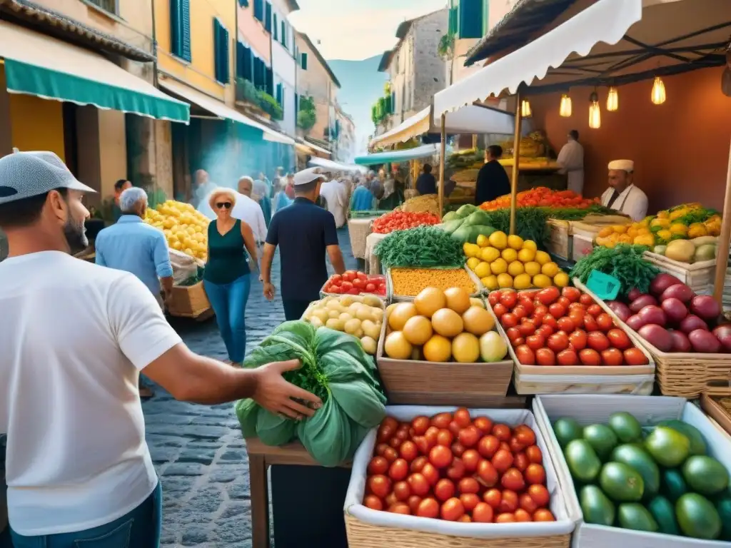 Animado mercado callejero en el Sur de Italia con puestos de tomates, limones y hierbas