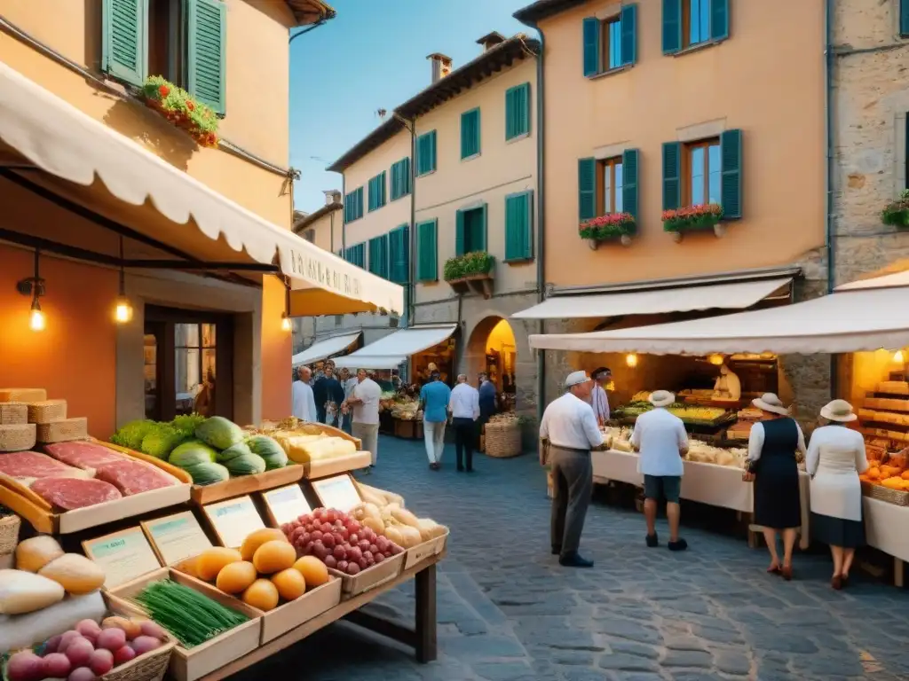 Un animado mercado callejero en la Toscana, Italia, con puestos coloridos de productos locales y locales disfrutando de Coppa di Testa en Toscana