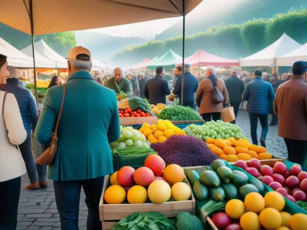 Un animado mercado agrícola en Italia, con diversidad de productos frescos y gente intercambiando alimentos y experiencias