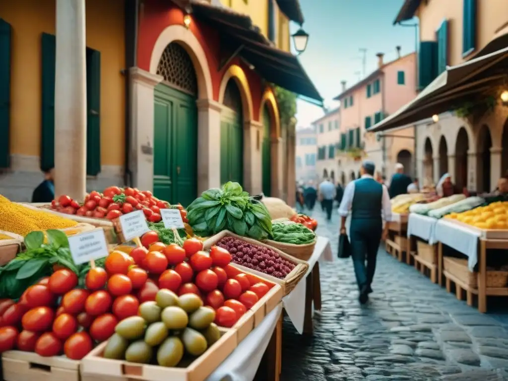 Un animado mercado italiano con Cocina italiana platos tradicionales y coloridos puestos rebosantes de productos frescos