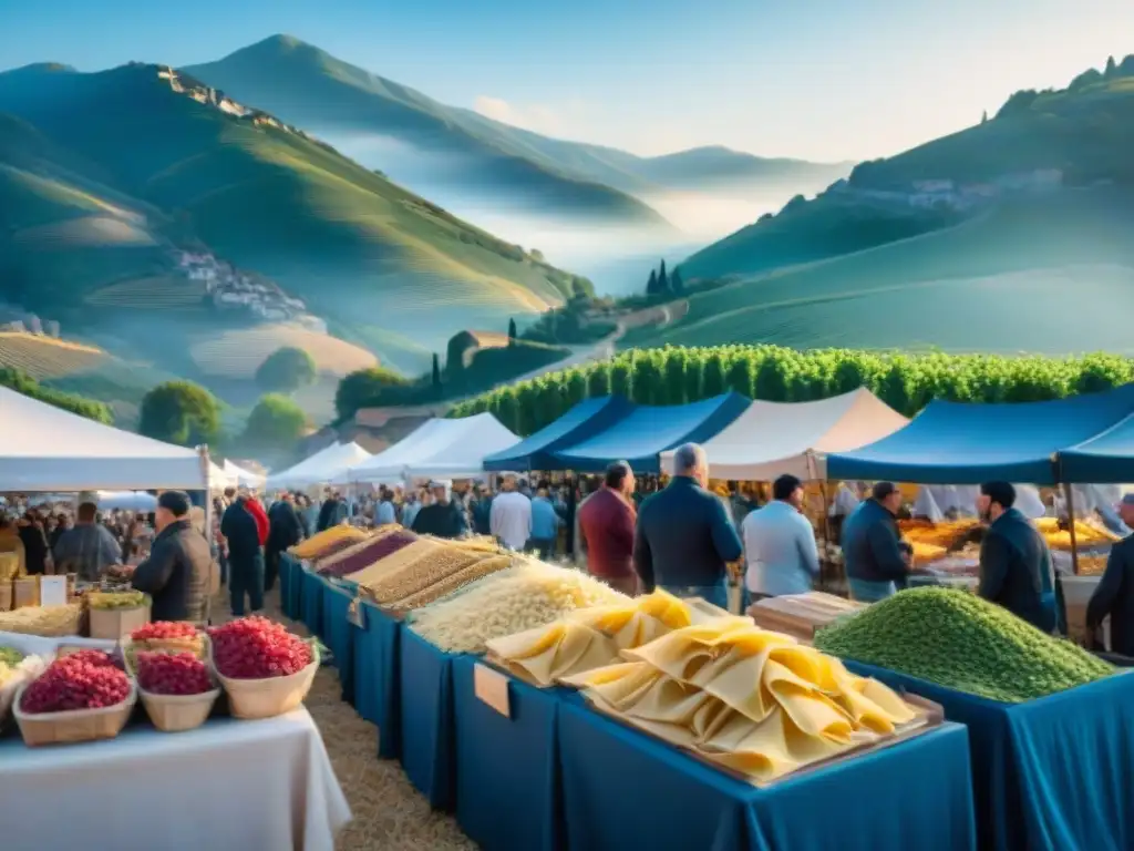 Un animado mercado italiano durante un festival de cosecha, con puestos de pasta fresca y vinos locales