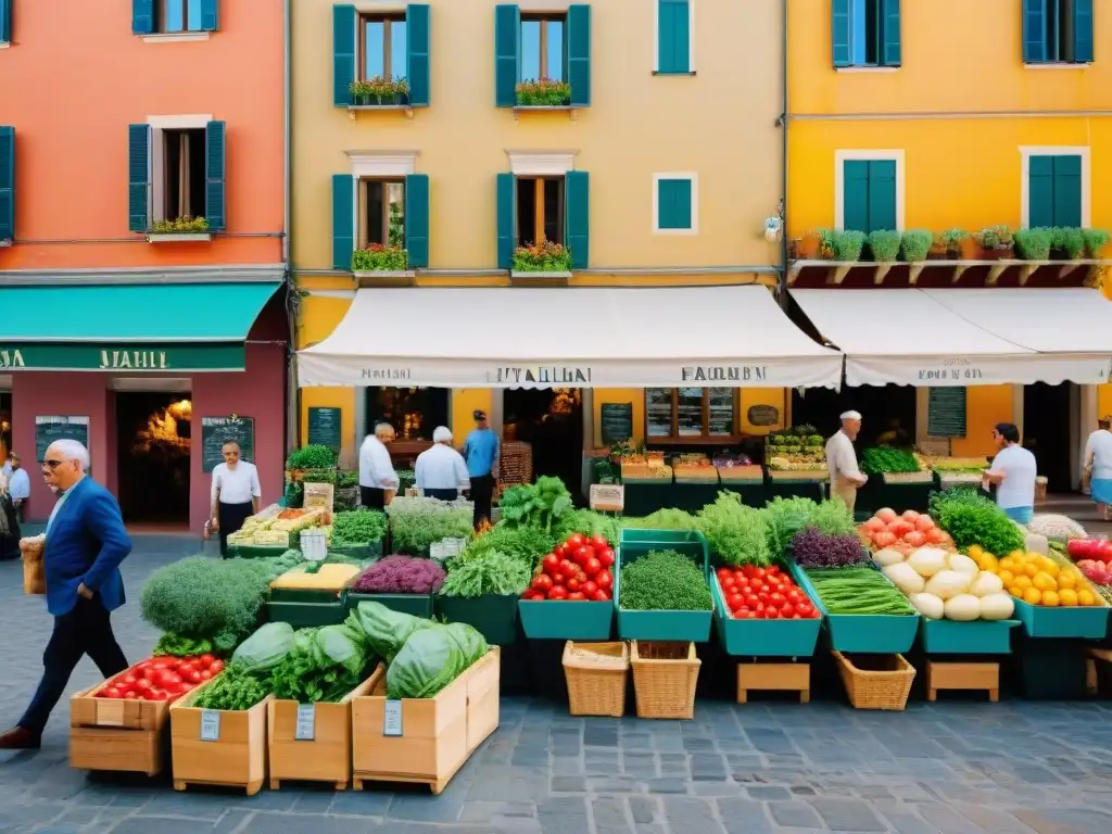 Un animado mercado italiano en una plaza llena de coloridos puestos de productos frescos, hierbas aromáticas y productos artesanales