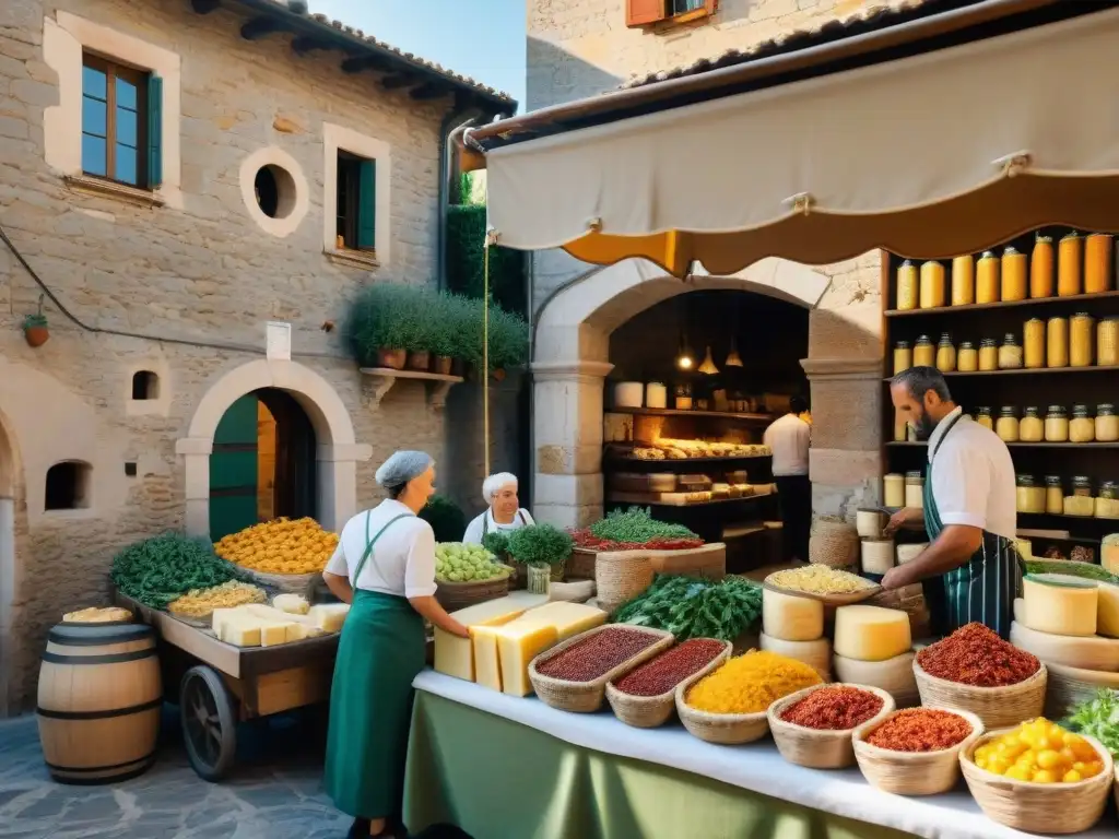 Un animado mercado italiano con productos conservados tradicionales: tomates secos, aceite de oliva, ajo colgante y quesos añejos