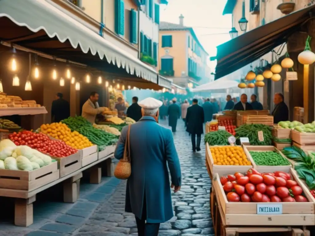 Un animado mercado italiano en Sicilia con productos frescos y arquitectura tradicional