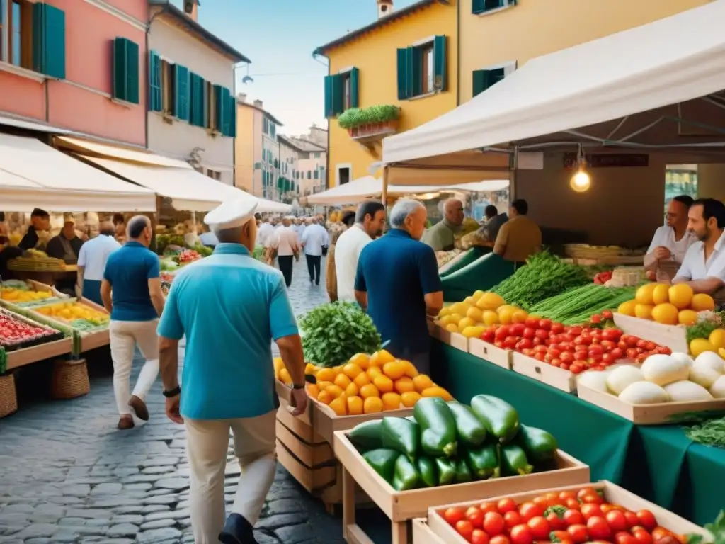 Animado mercado italiano con productos frescos y coloridos, clientes curiosos, arquitectura tradicional y ropa tendida