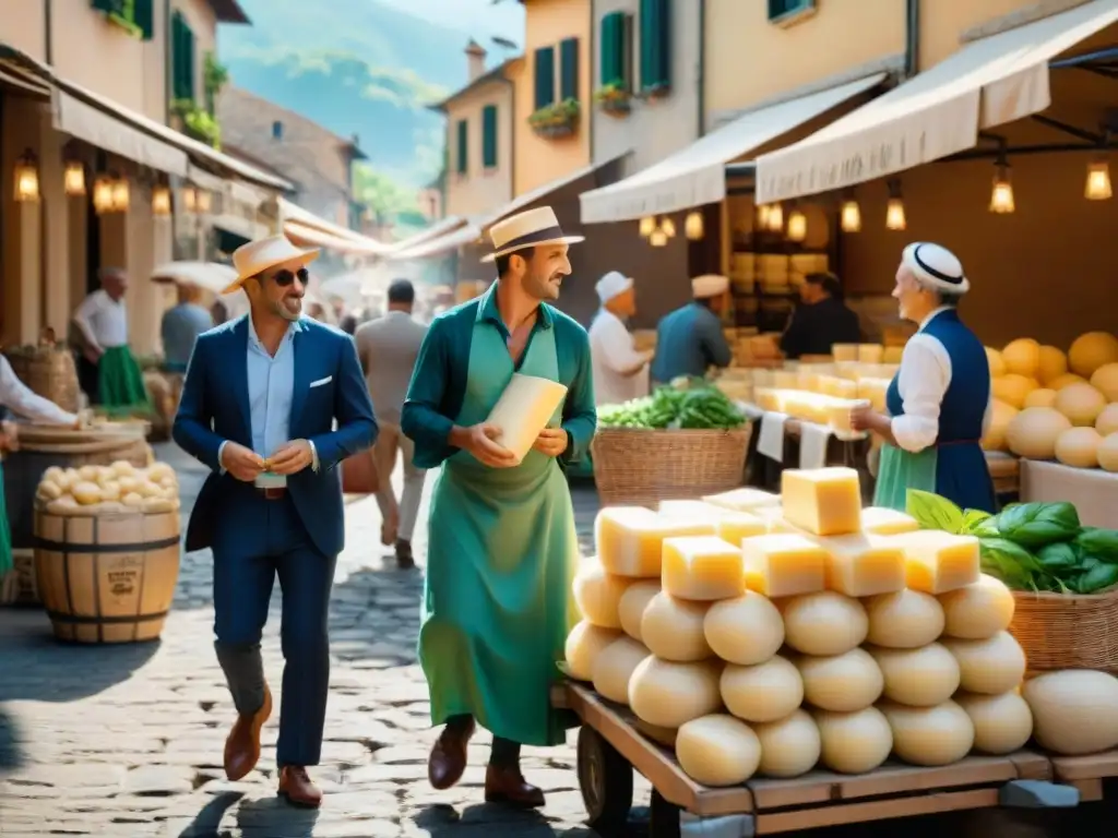 Un animado mercado italiano con productos regionales y locales en trajes tradicionales, bajo el cálido sol mediterráneo