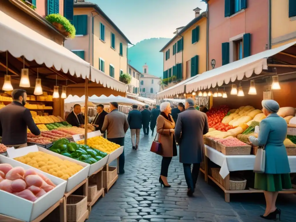 Animado mercado italiano con productos DOP e IGP Italia, clientes y vendedores entre coloridos puestos