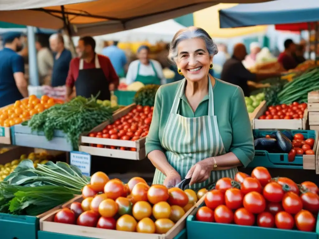 Un animado mercado italiano con productos frescos de la Dieta Mediterránea