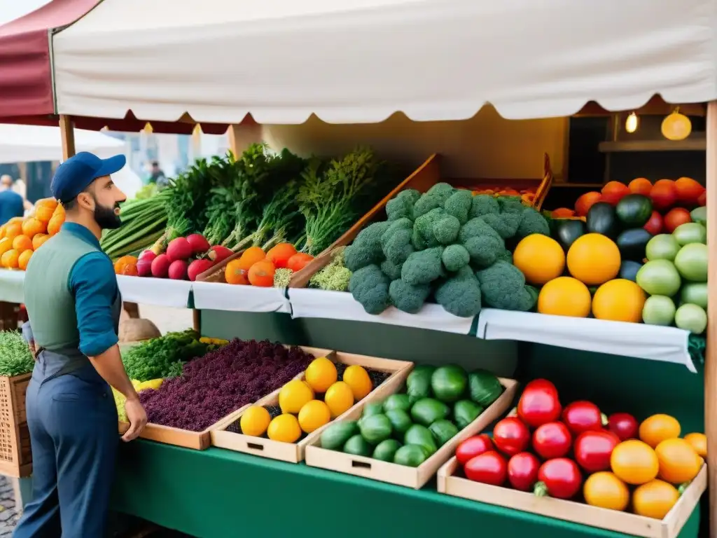 Animado mercado italiano con productos frescos de huertos urbanos, reflejando la colaboración comunitaria y la innovación en la cocina italiana