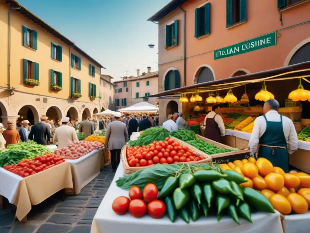 Un animado mercado italiano con productos frescos y coloridos, terracota y locales conversando