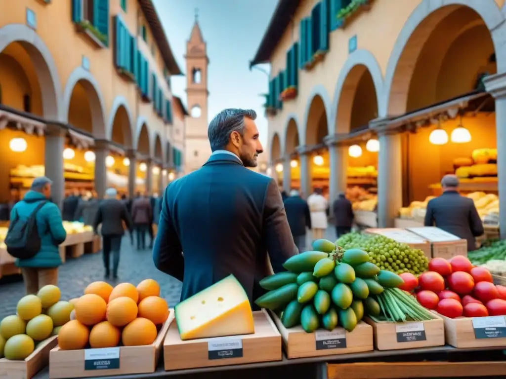 Un animado mercado italiano con productos frescos coloridos y vendedores apasionados, en un escenario de arquitectura histórica