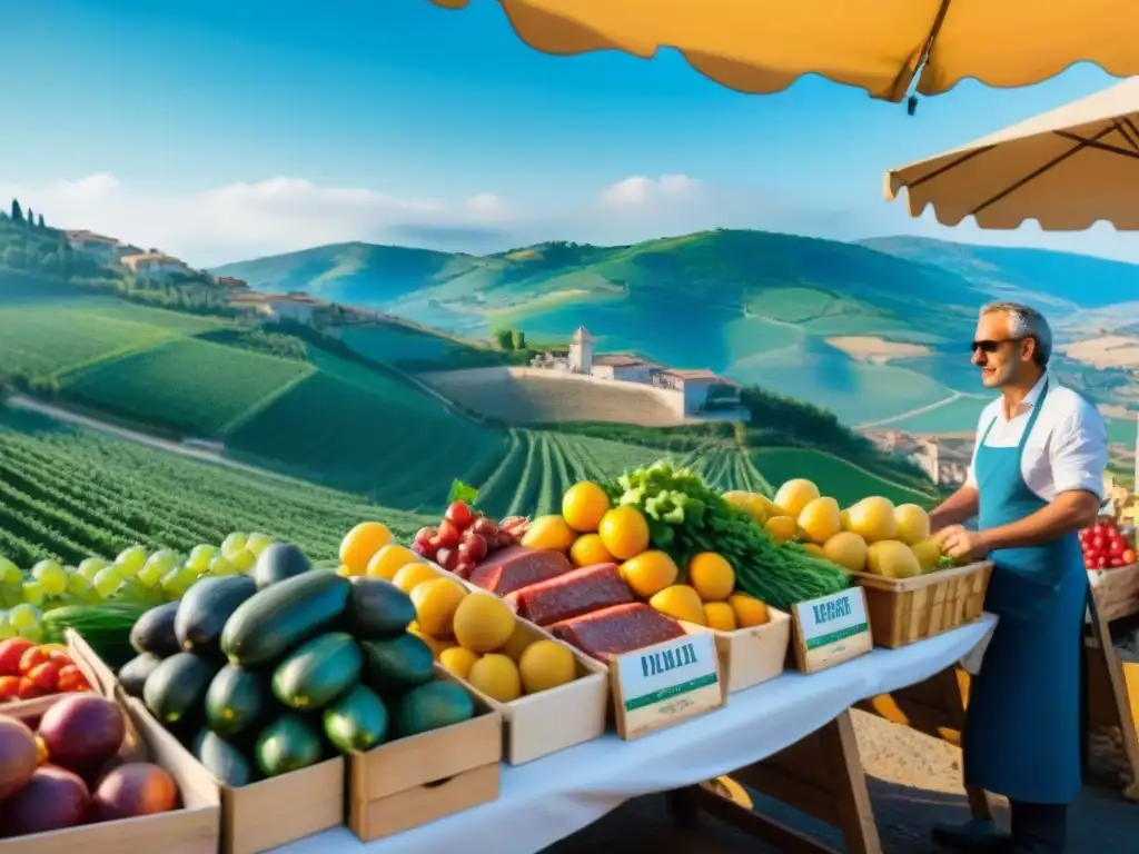 Un animado mercado agrícola italiano con puestos coloridos rebosantes de frutas frescas, verduras, quesos y embutidos