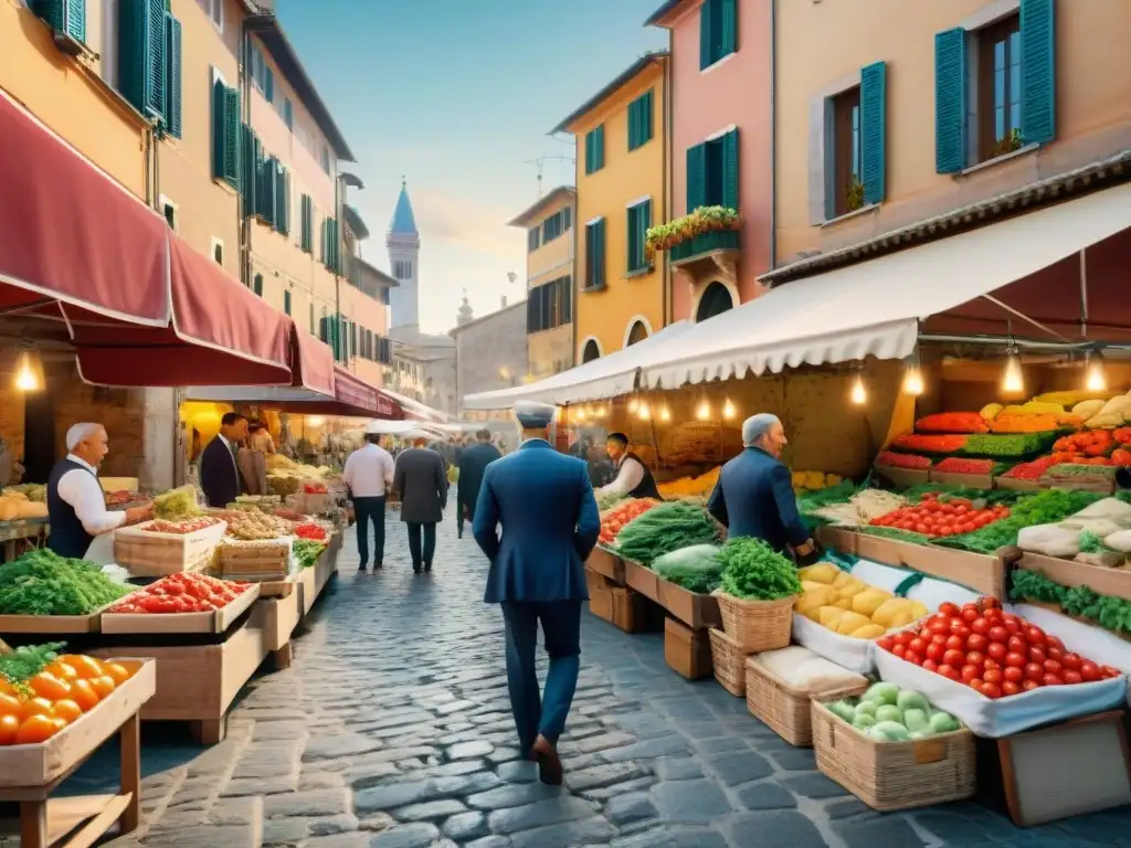 Un animado mercado italiano con puestos de productos frescos y coloridos, vendedores locales y edificios de piedra tradicionales