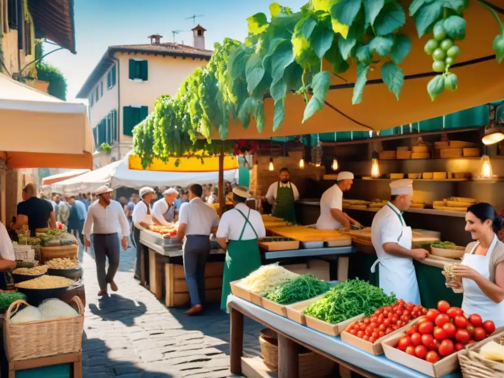 Un animado mercado italiano con puestos coloridos rebosantes de ingredientes orgánicos frescos como tomates maduros, albahaca fragante y quesos artesanales