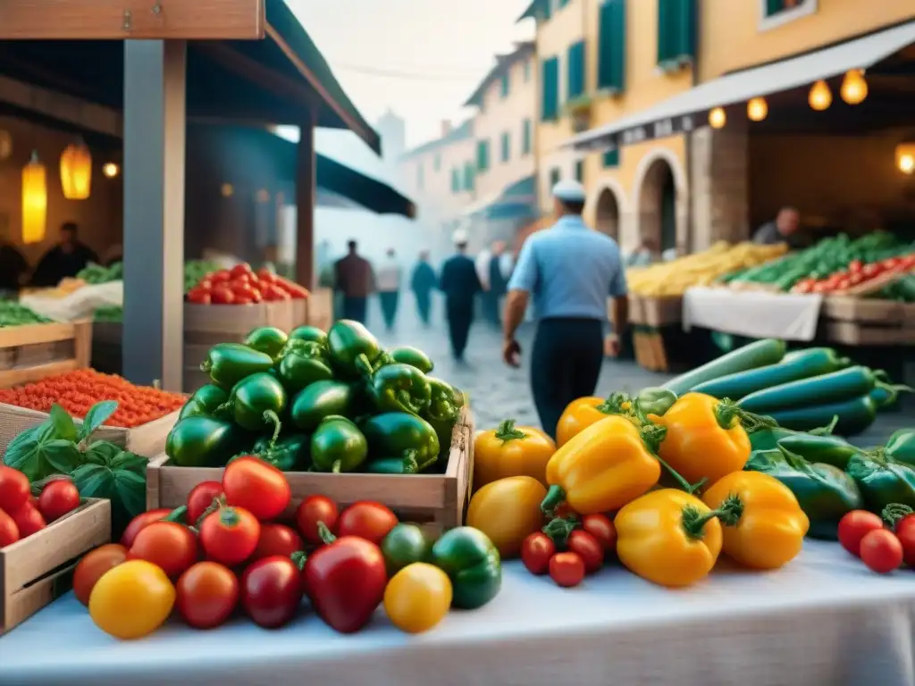 Un animado mercado italiano con puestos de frutas y verduras frescas, locales en trajes tradicionales y detalles gastronómicos