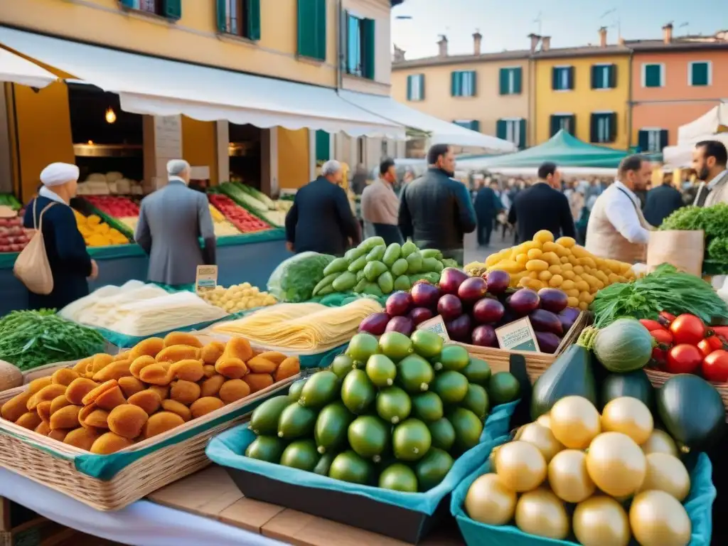 Un animado mercado italiano con puestos de frutas, pasta casera y ingredientes tradicionales