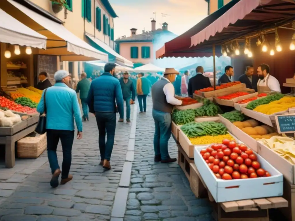 Un animado mercado italiano rebosante de productos locales, coloridas paradas y una atmósfera auténtica