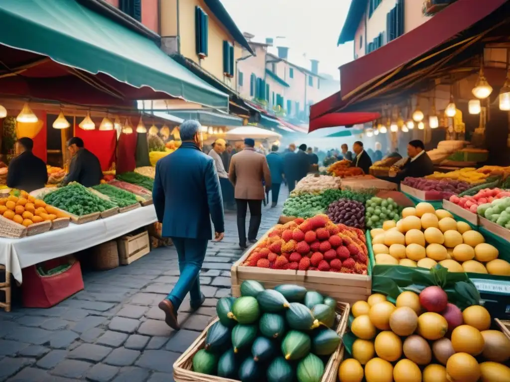 Un animado mercado italiano con una variedad de puestos coloridos vendiendo frutas, verduras y especias exóticas, fusionando culturas y sabores