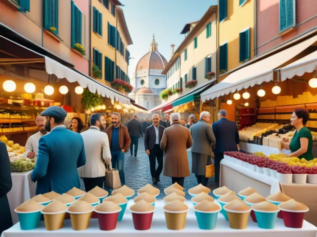 Animado mercado italiano con vendedores ofreciendo vinos italianos en vasos papel, fusionando cultura y modernidad