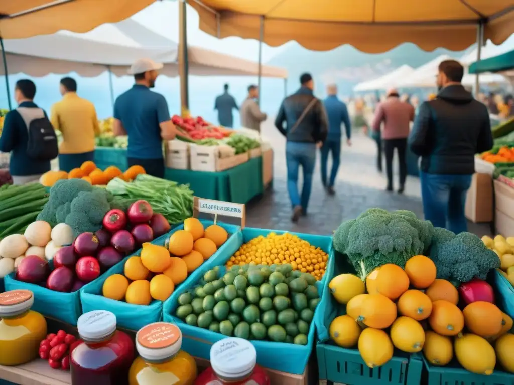 Animado mercado mediterráneo con frutas, verduras, mariscos y aceite de oliva