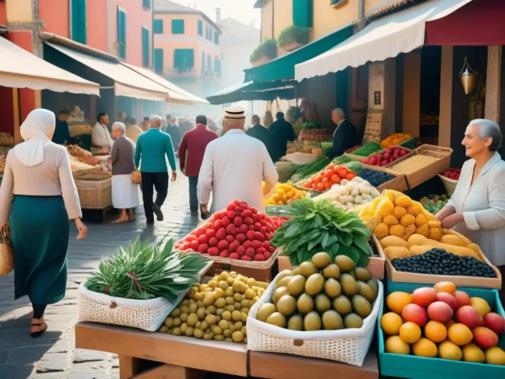 Un animado mercado mediterráneo con frutas, verduras y aceitunas coloridas en cestas tejidas bajo la cálida luz del sol