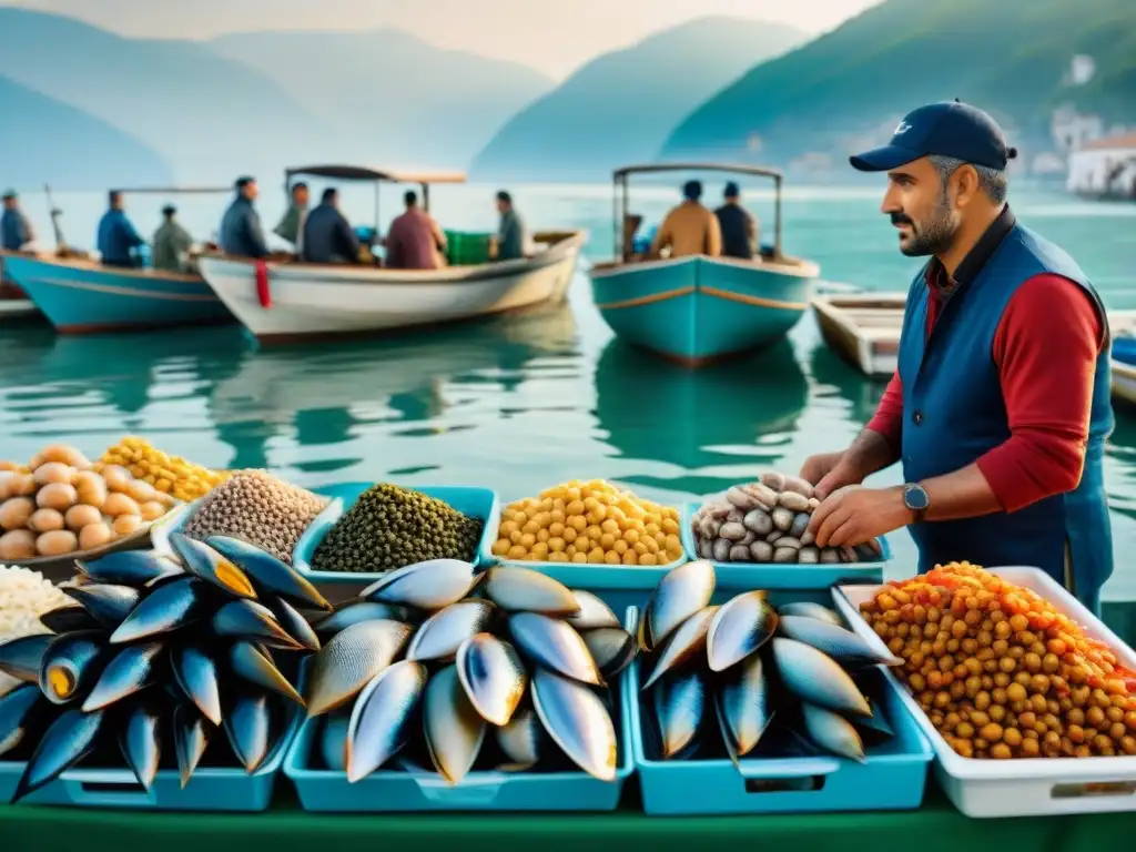 Un animado mercado de pescado en Italia con una variedad colorida de mariscos frescos en hielo