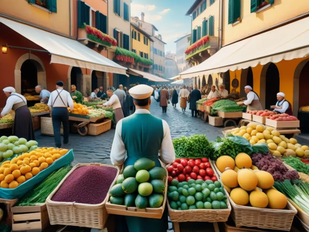 Animado mercado renacentista italiano con vendedores de frutas, verduras y especias