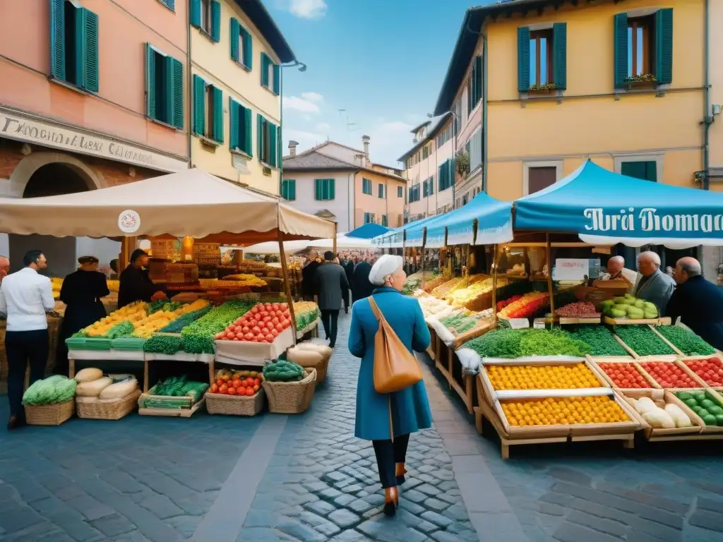 Un animado mercado en Emilia Romaña, Italia, con puestos de productos frescos y la tradicional Bomba di riso