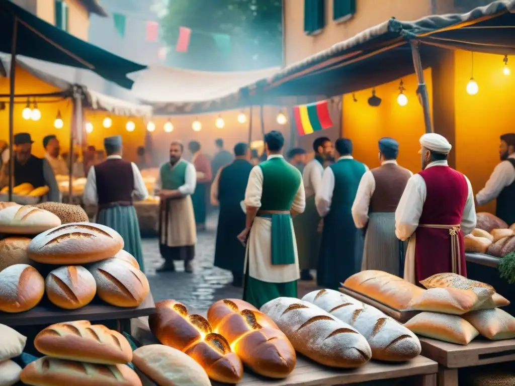 Un animado mercado romano antiguo rebosante de vendedores ofreciendo variedades de pan italiano recién horneado, con banderas coloridas ondeando al fondo y la cálida luz dorada del sol poniente bañando la escena