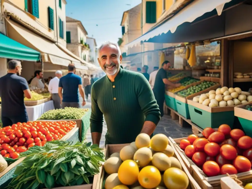 Un animado mercado tradicional italiano en Puglia lleno de sabores y colores, reflejando la rica cultura culinaria de la región