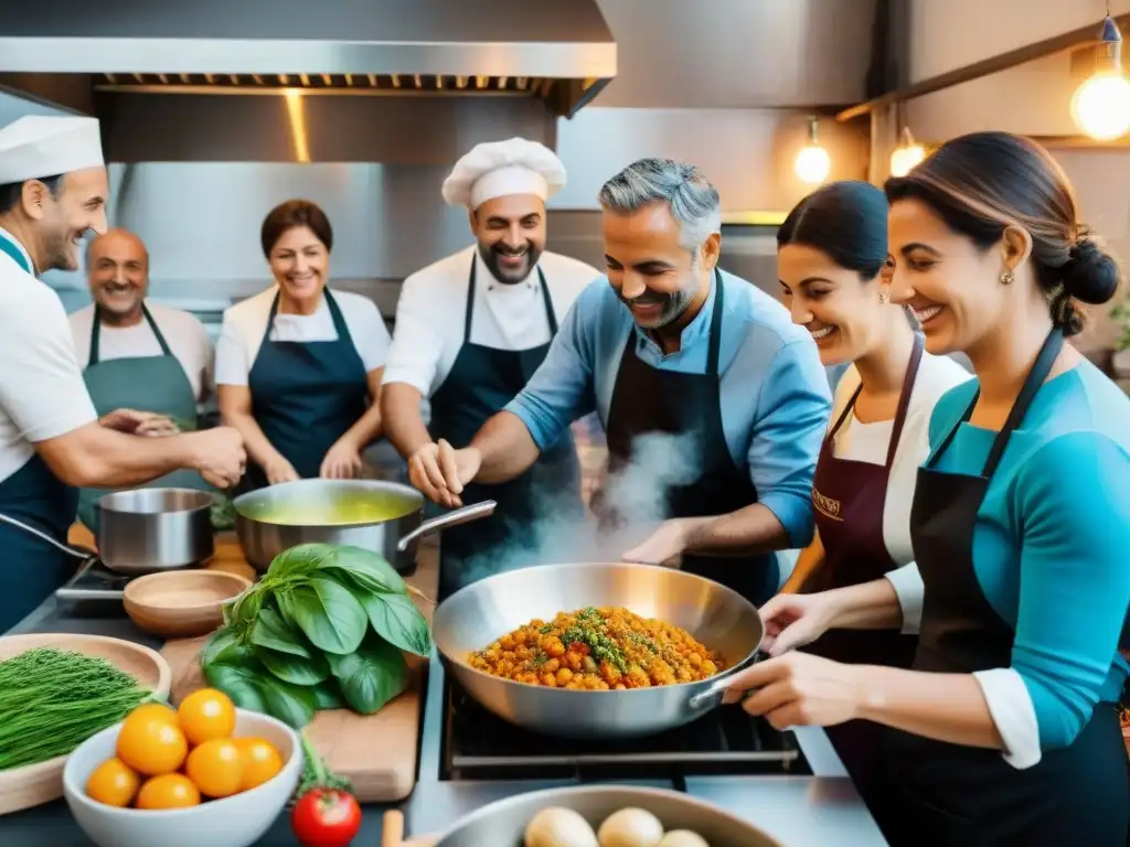 Un animado proyecto comunitario en una cocina italiana, donde personas de todas las edades preparan platos tradicionales con pasión