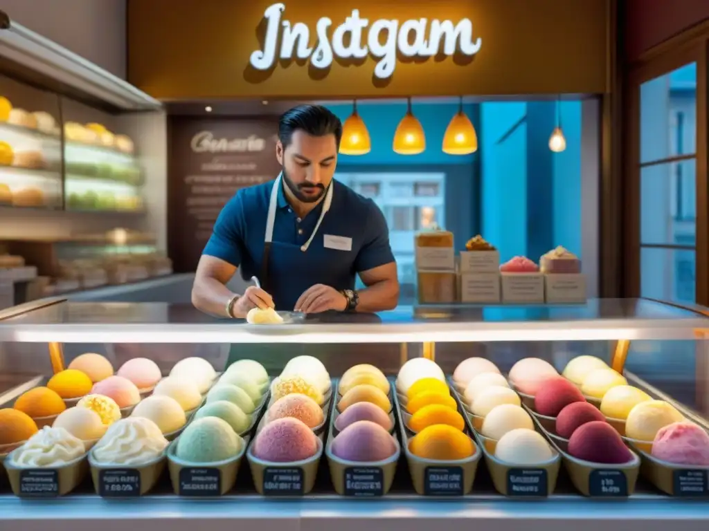 Un animado puesto de gelato en Italia con clientes de diversas edades probando sabores exóticos, exhibiendo Técnicas árabes en gelato italiano