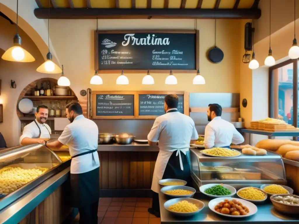 Un animado restaurante italiano con chefs preparando pasta y comensales felices, reflejando la evolución de la cocina italiana