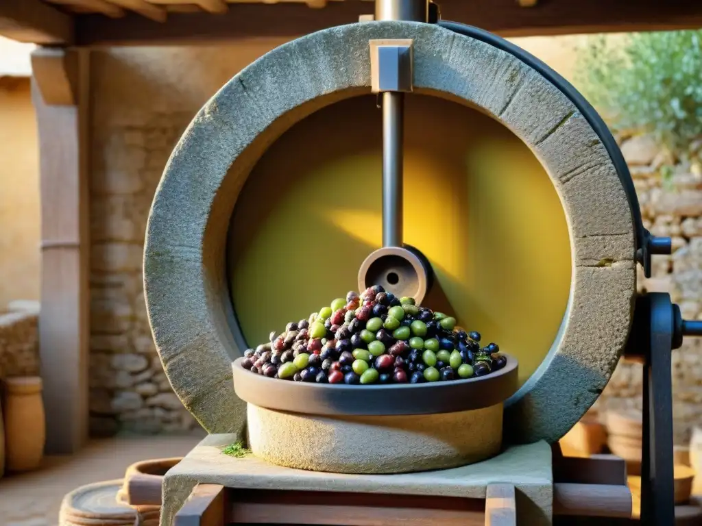 Antigua almazara italiana en Toscana con trabajadores tradicionales y rueda de piedra triturando aceitunas bajo la luz dorada