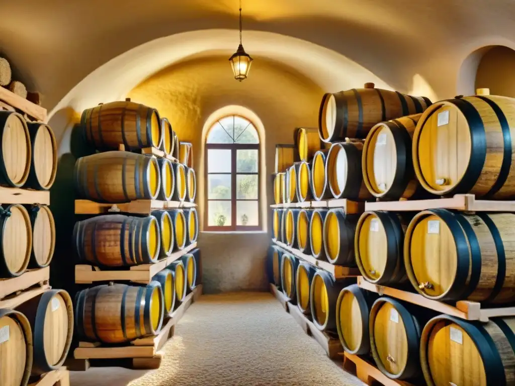 Antigua bodega de aceite de oliva en España con barriles de madera llenos de oro líquido