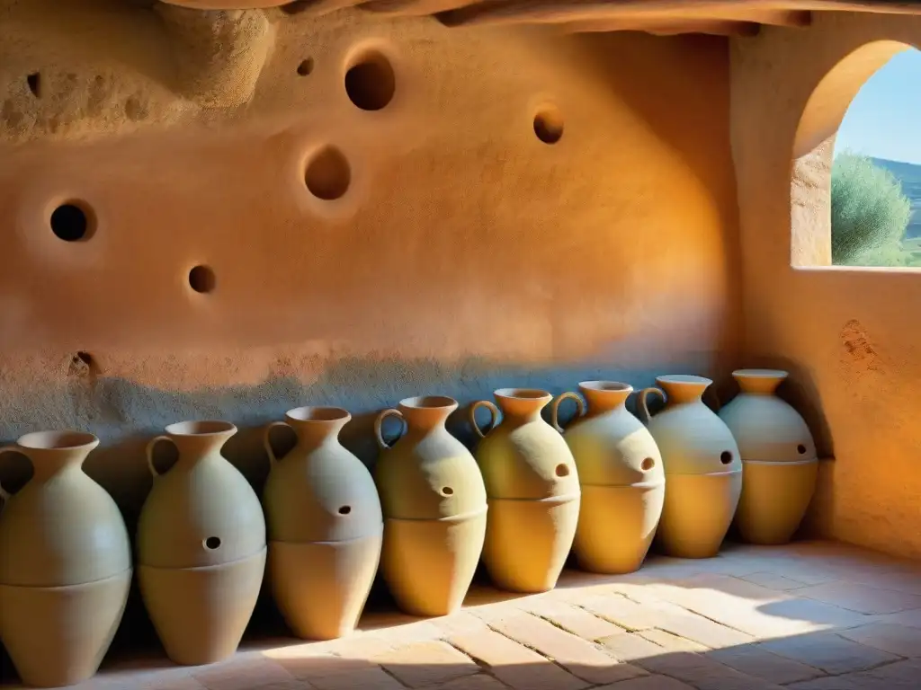 Antigua bodega de aceite de oliva en España, con ánforas terracota llenas de oro líquido y luz suave