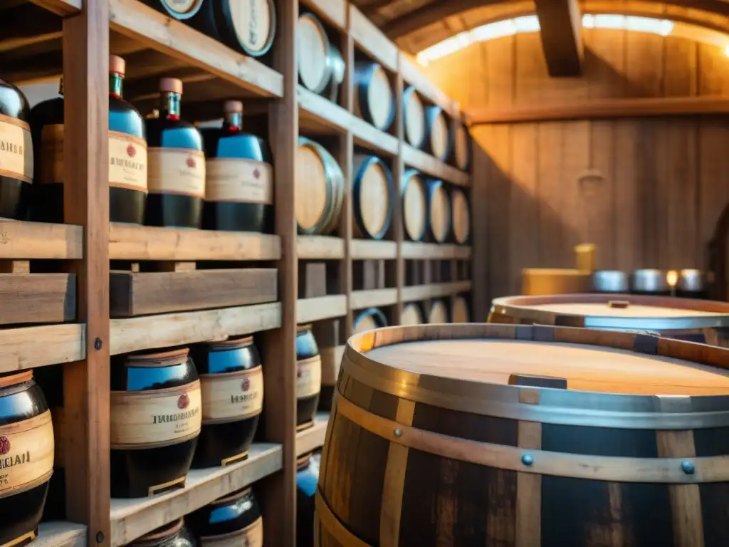 Antigua bodega de vinagre balsámico con barriles de madera envejecida, iluminación suave y etiquetas detalladas