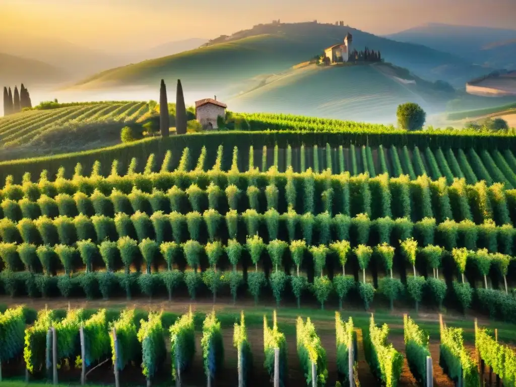 Antigua bodega italiana con barriles de vino rodeados de viñedos al atardecer