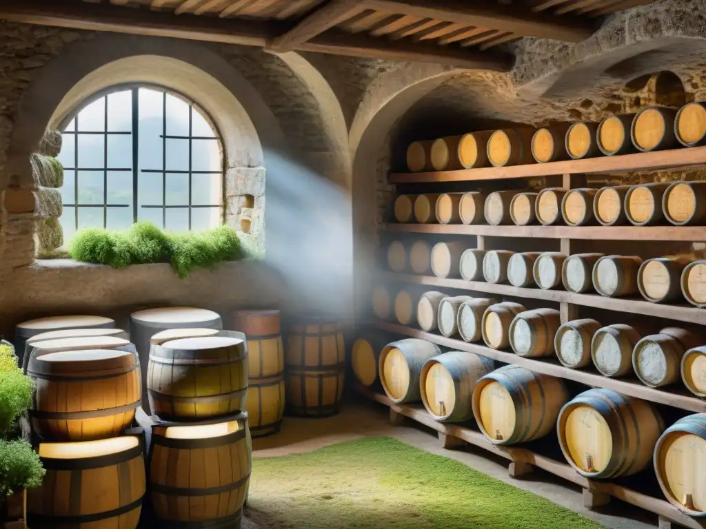 Antigua bodega italiana con barriles de madera para fermentación y conservación