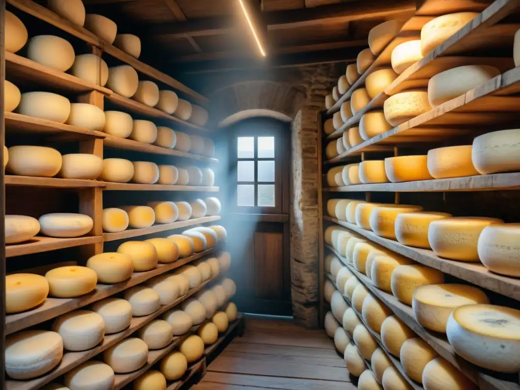 Antigua bodega italiana llena de quesos Pecorino envejecidos, conservación de sabores italianos tradicionales