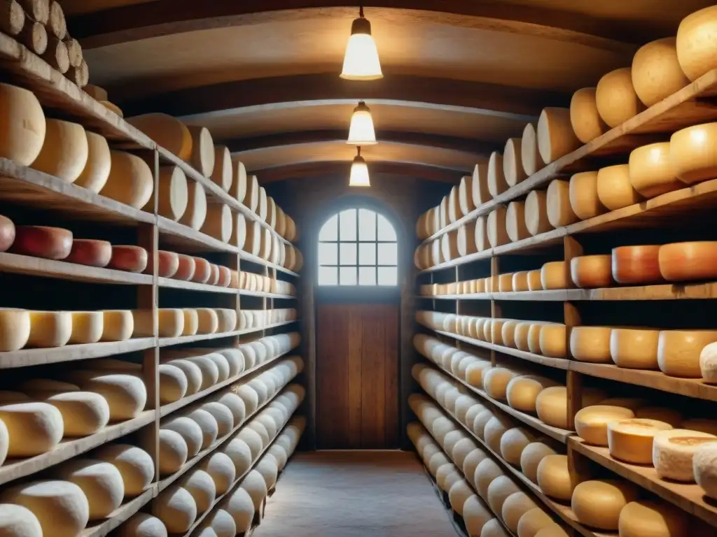 Antigua bodega italiana con quesos Parmigiano Reggiano y salamis colgando