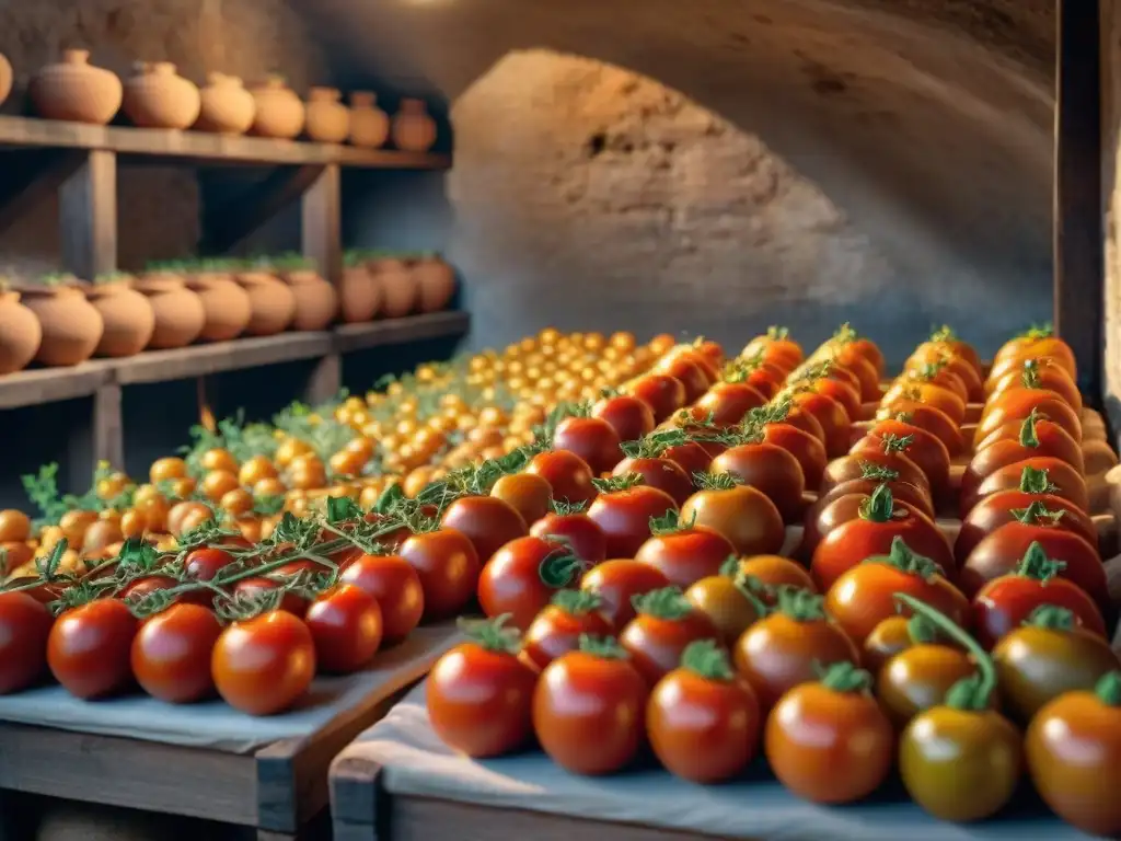 Antigua bodega italiana con terracota y tomates en aceite, evocando técnicas de conservación italianas milenarias