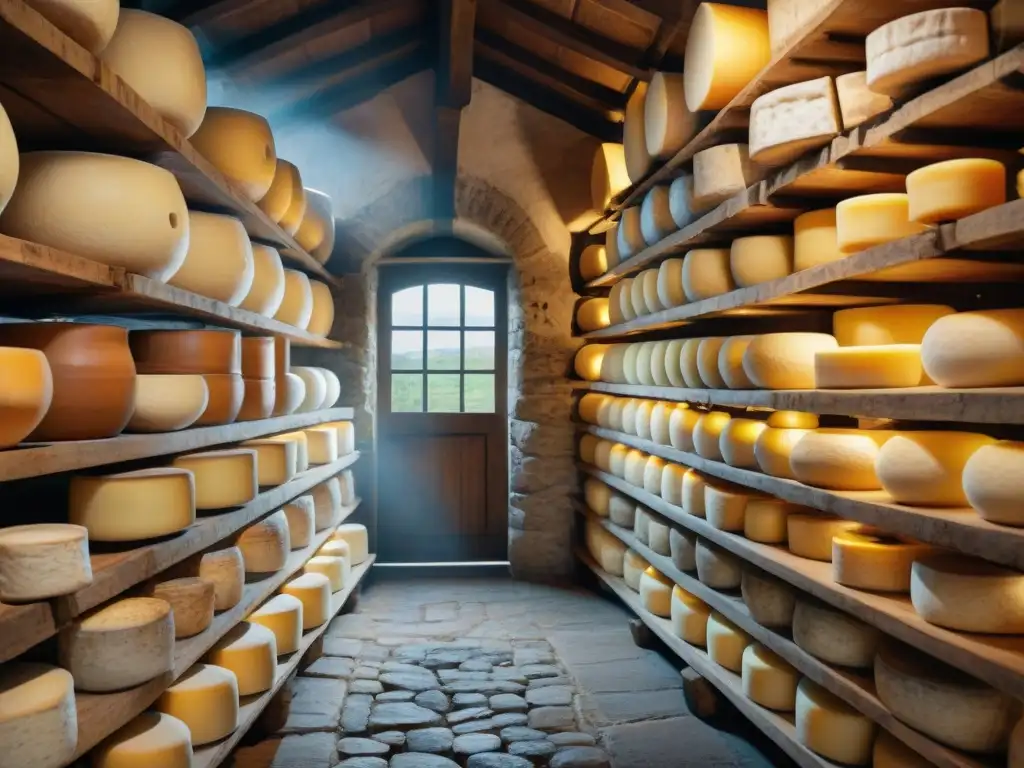 Una antigua bodega de quesos italiana llena de ruedas de queso envejecido, iluminada por suave luz con aroma a queso