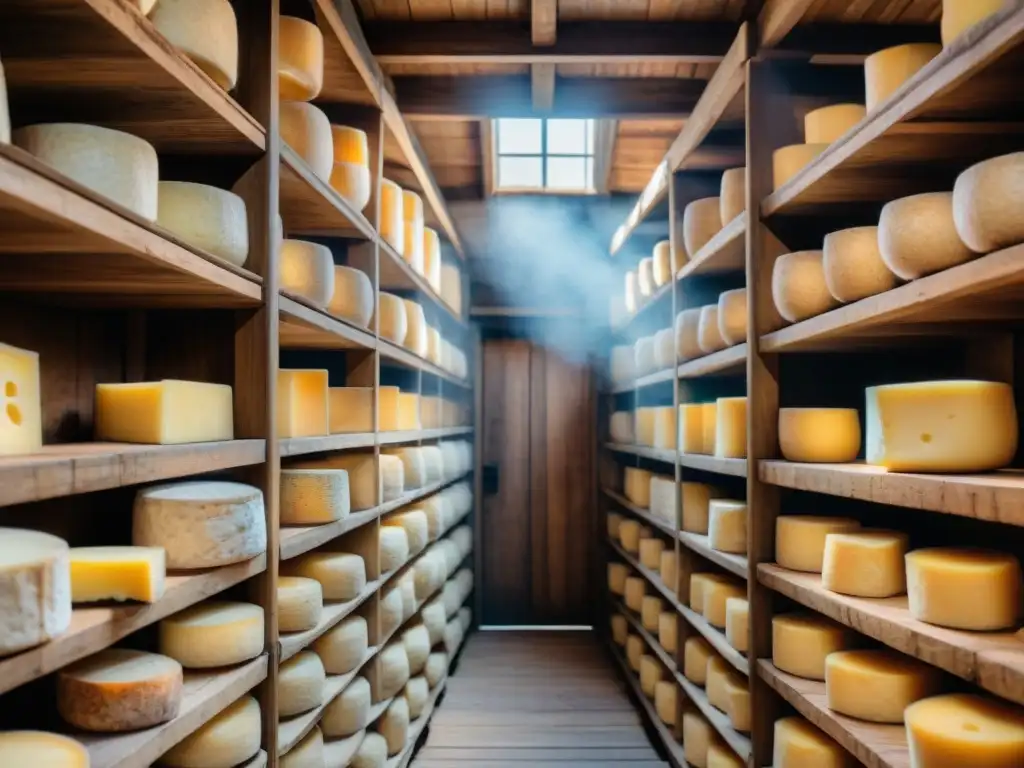 Antigua bodega de quesos en Italia con ruedas de Parmesano en estantes de madera, iluminación natural resaltando texturas