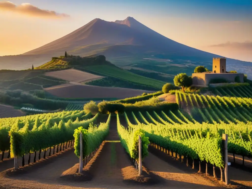 Antigua prensa de vino fenicia entre viñedos en Sicilia, con rayos dorados del atardecer