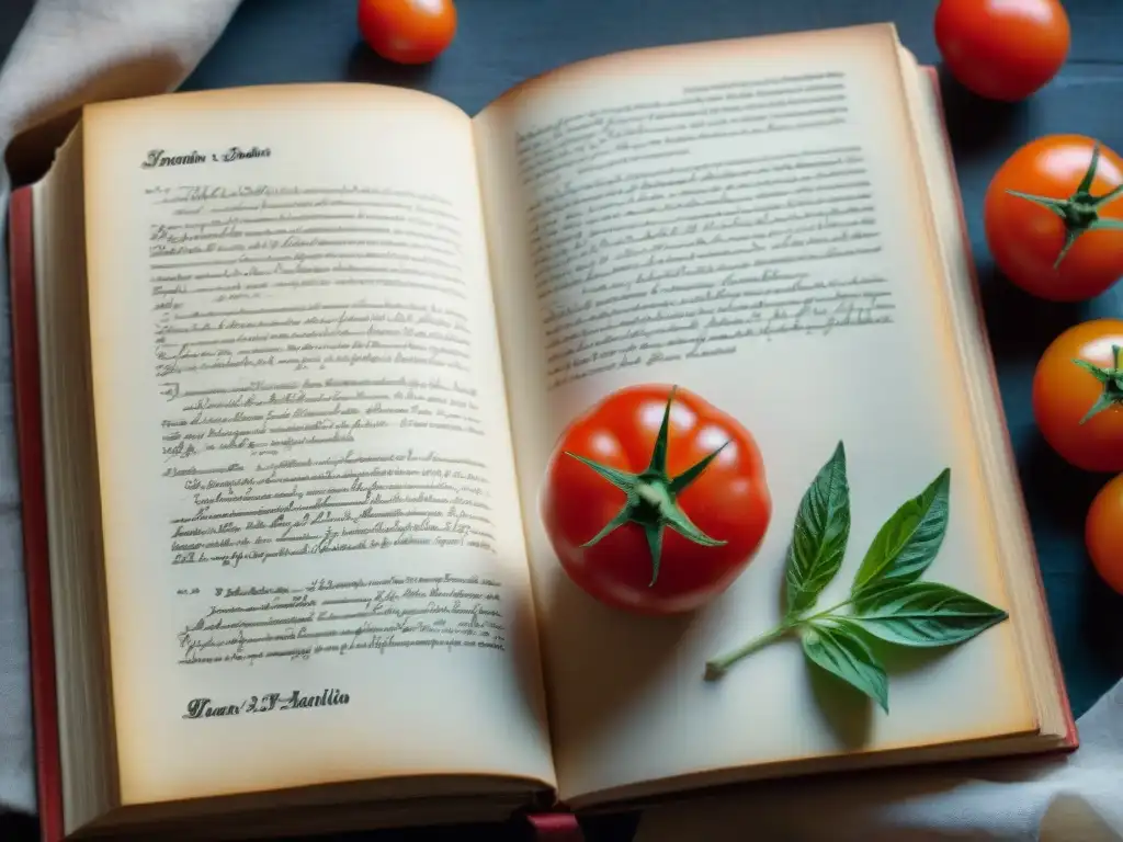 Una antigua recetario italiano con notas manuscritas en elegante caligrafía y recetas tradicionales previas al uso del tomate en la cocina italiana