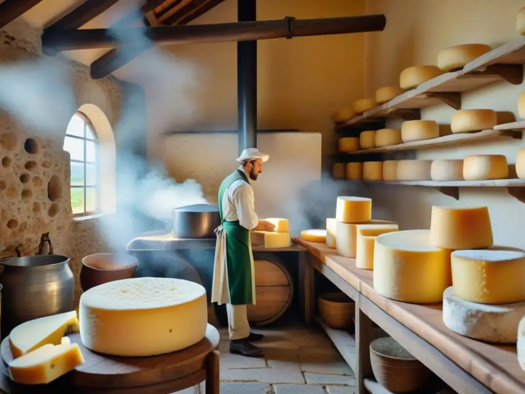 Antiguas queserías en Lombardía: artesanos elaborando queso en un paisaje rural bañado por la cálida luz dorada