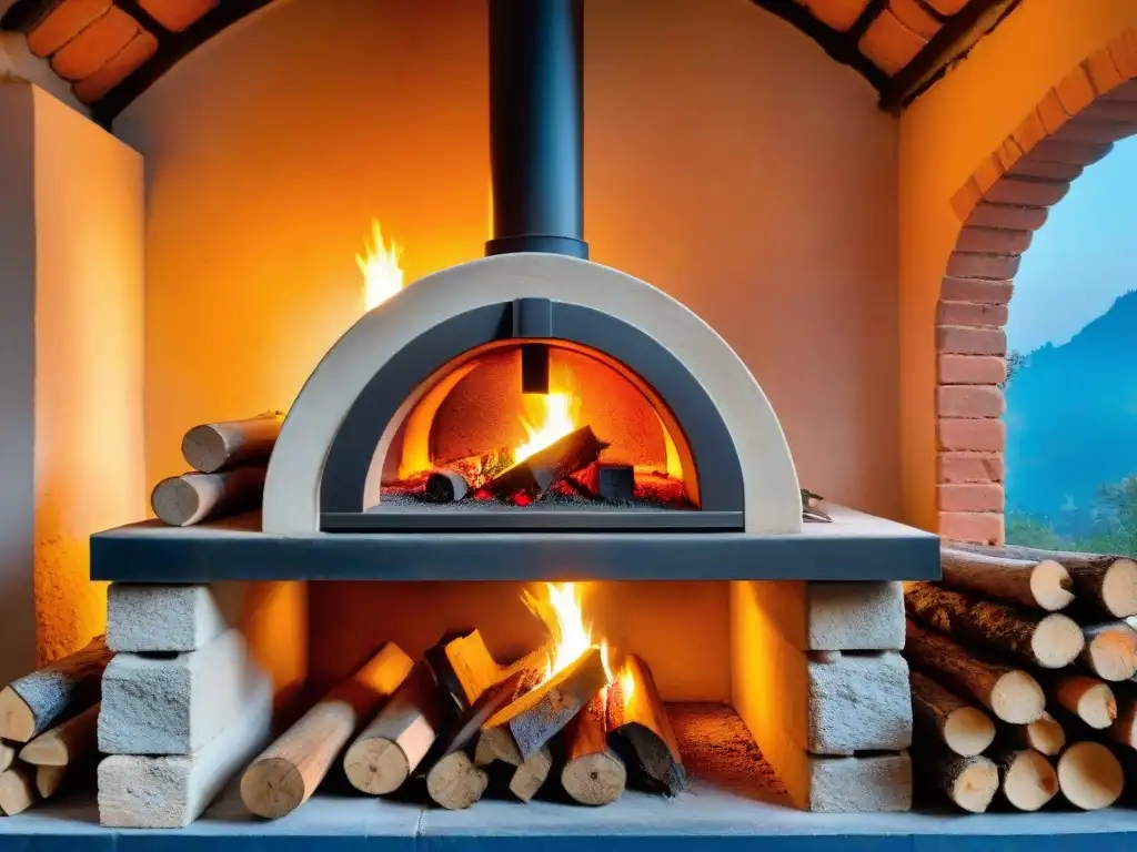 Antiguo horno de leña italiano, brillando con brasas anaranjadas y rojas, listo para cocinar risottos al horno de leña al atardecer