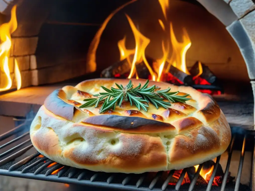 Antiguo horno de leña con llamas, humo y piedras, ideal para cocinar focaccia de corteza crujiente